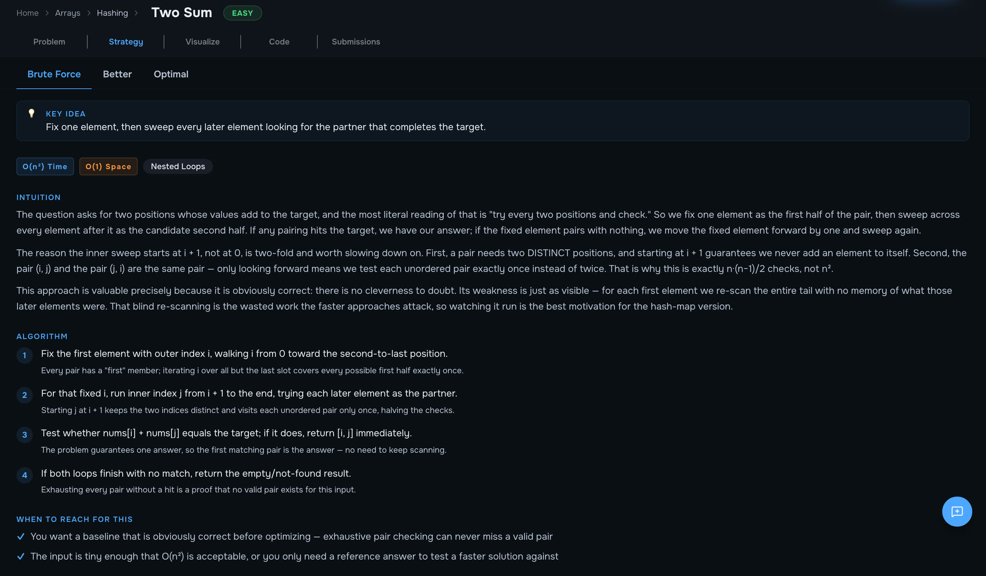 The Strategy tab in DSA Visually for Two Sum: tabs for the brute force, better and optimal approaches, a key idea, time and space complexity, the intuition, and a numbered algorithm with the reason for each step.